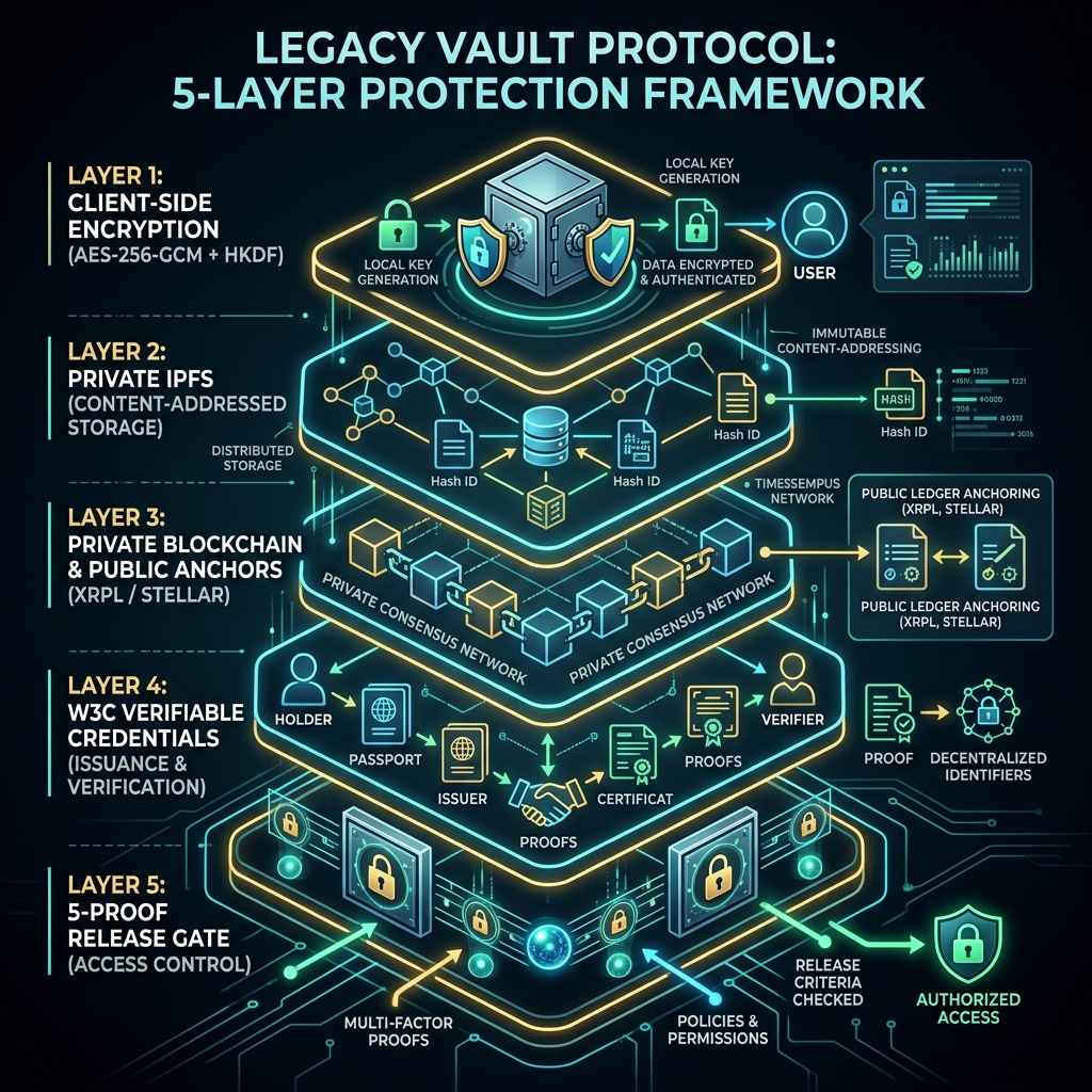 Legacy Vault Protocol — 5 protection layers diagram